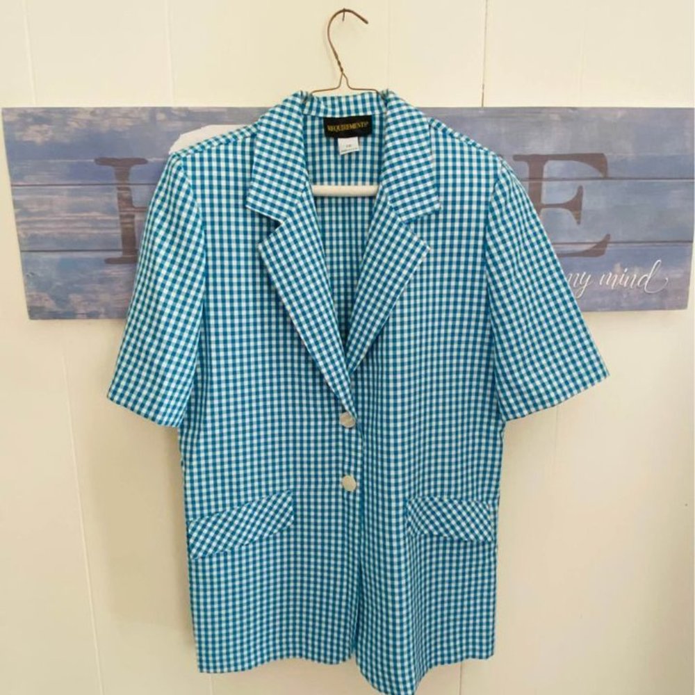 Requirements Woman's Blue Checkered Button Up Top